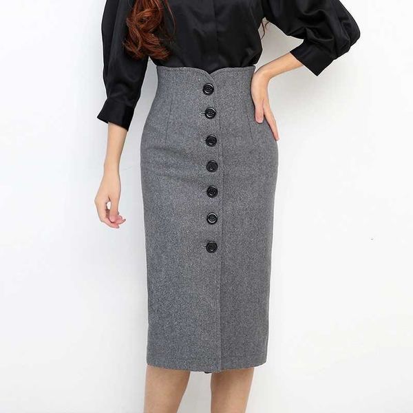 

skirts thick wool high waist womens autumn winter vintage button package hip elegant office lady pencil skirt woman l9x0, Black