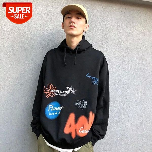 

aelfric eden flower graffiti print hoodie sweatshirts oversized hoodies streetwear harajuku casual autumn hooded pullover cotton #md3j, Black