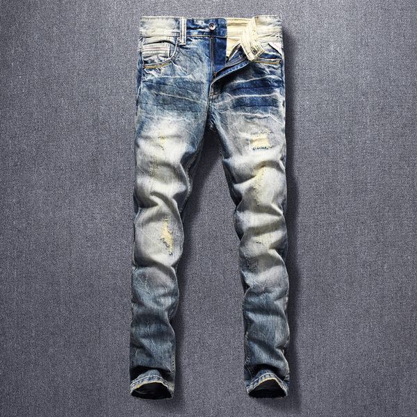 

2021 new italian style fashion men jeans slim fit ripped denim trousers retro wash patchwork designer vintage hip hop pant x5tk, Blue
