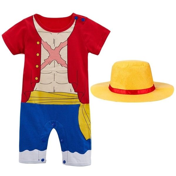 Erkek Bebek Romper Luffy Zoro Komik Kostüm Sevimli Yürüyor Playsuit Parti Hediye Bebe Cosplay Yaz Giysileri Tulum Şapka 210309