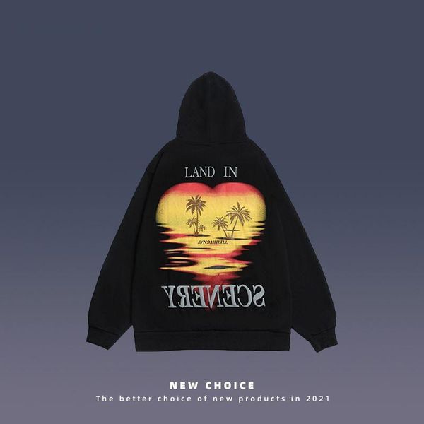 

men's hoodies & sweatshirts american oversize high street couple sweatshirt autumn winter dark sunset print terry hooded cotton pullove, Black