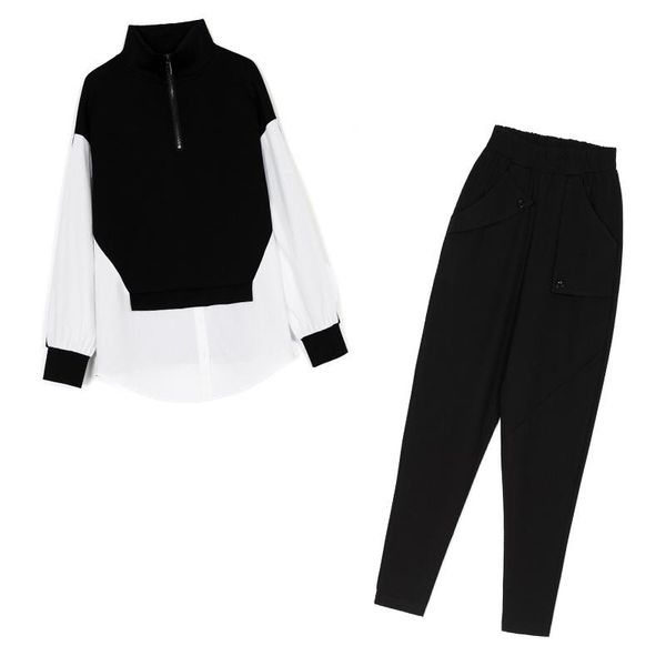 

women's two piece pants european spring autumn lazy wind loose slimming long sleeves large size stitching fashion suit two-piece, White