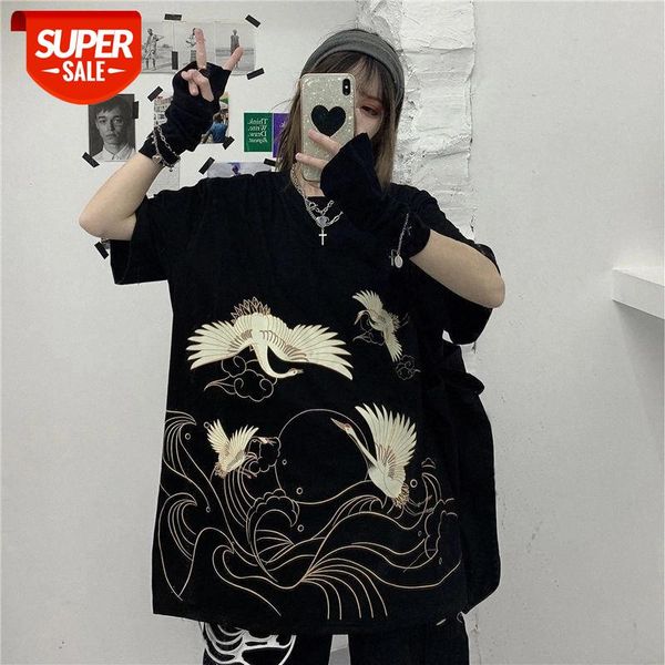 

2020 Summer Women's Loose Short-sleeved T-shirt All Matching Couple Shirt New Korean Style Of Harajuku Ins Style Crane Print #Uh1A, White