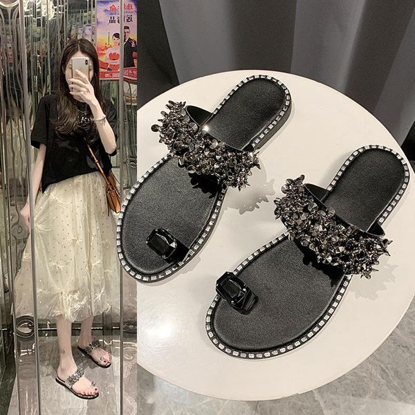 

flip-flops women's outer wear ins super fashion rhinestone sandals beach non-slip flat bottom flip flops, Black