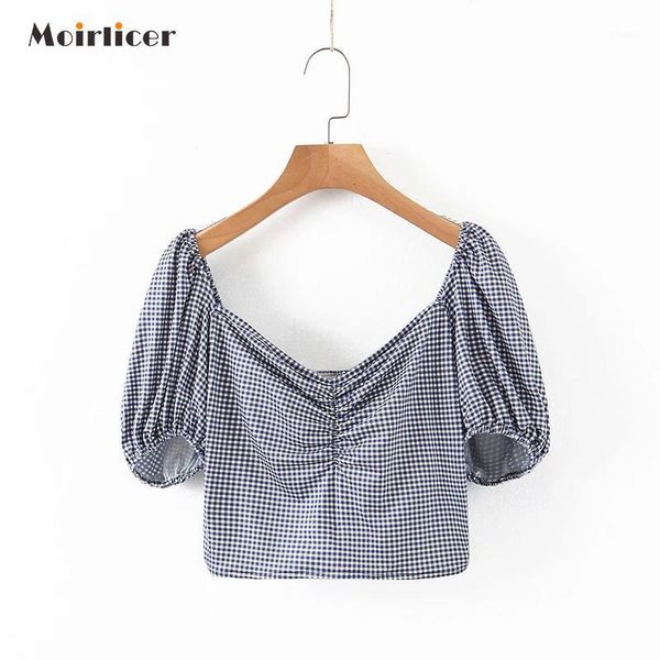 

women plaid crop v neck short sleeve stetchy blouse checkered female stylish shirts blusas women's blouses &, White