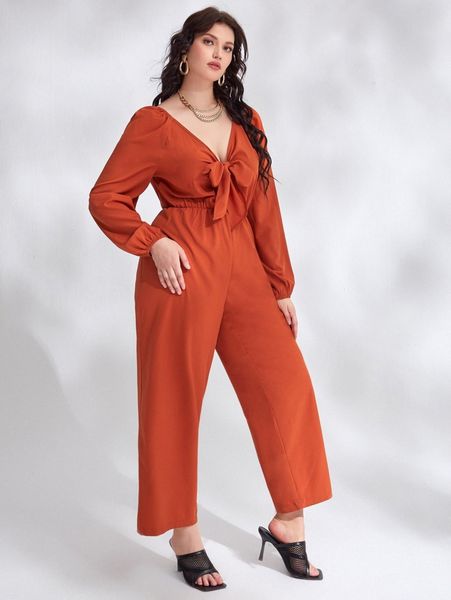 

plus plunging neck bow front jumpsuit q6iz#, Black