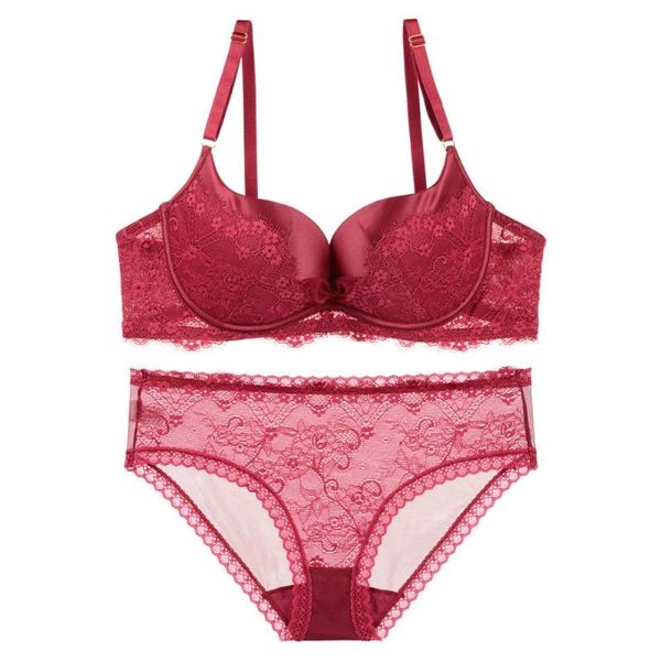 

bras sets 5 colors abc cup luxury lace brassiere and transparent panties push up women bra & brief deep-v intimates small comfort, Red;black