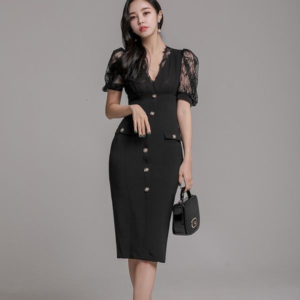 

2021 new korea summer short sleeve lace party cloth women v-neck single breasted knee-length bodycon midi dresses 0o79, Black;gray