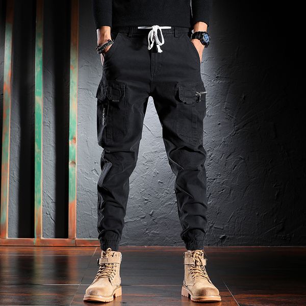

2021 new newly fashion designer men jeans loose fit multi pockets black casual cargo pants homme streetwear hip hop jogger harem trousers 7f, Blue