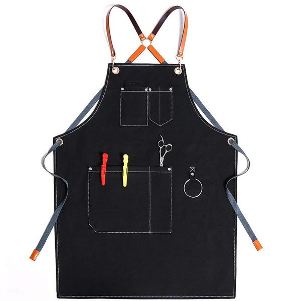 

aprons solid black canvas hairdresser apron cafe house cleaning cooking baking pocket chef pinafore women for kitchen accessories