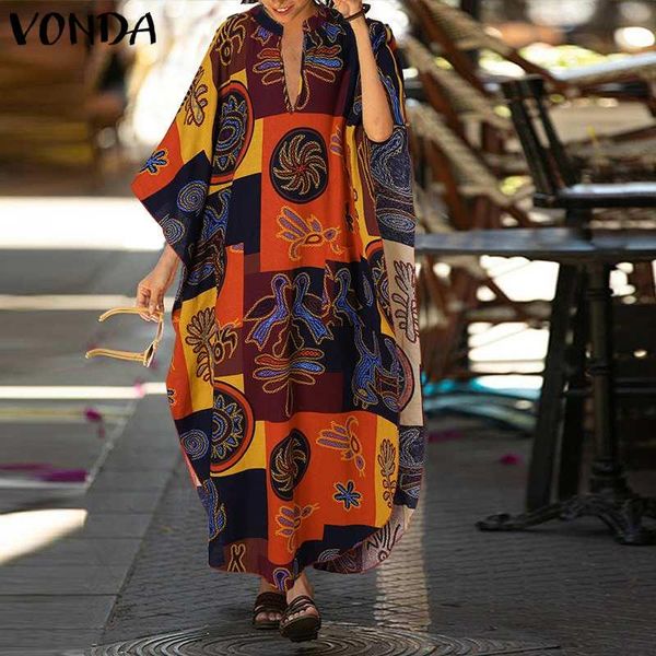 

casual dresses vonda 2021 women dress v neck long sleeve vintage printed cotton autumn bohemian party vestidos oversized s-5xl, Black;gray