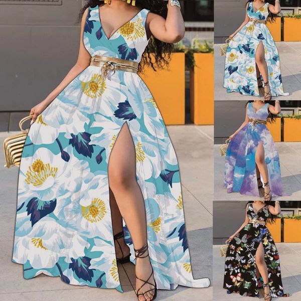 

casual dresses women fashion sleeveless dress deep v butterfly print tie waist streetwear 2021 party high slit maxi, Black;gray