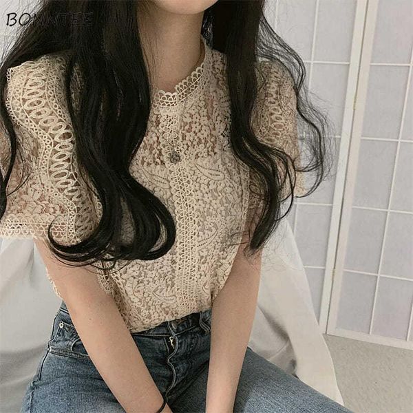 

women's blouses & shirts women female thin summer chic lace hollow out design korean fashion breathable solid casual ulzzang all-match, White