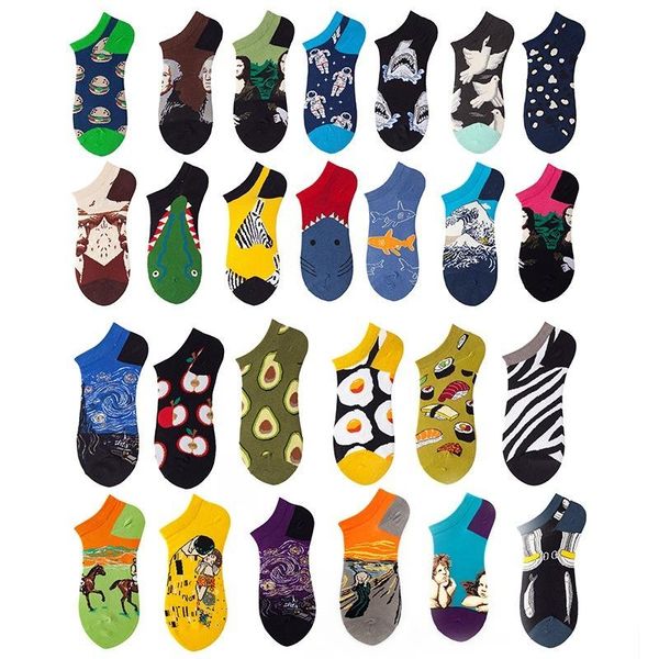 

men's socks 5 pairs men oil painting couples ice cream low cut thin individuality fashion ins trend breathable female sock, Black