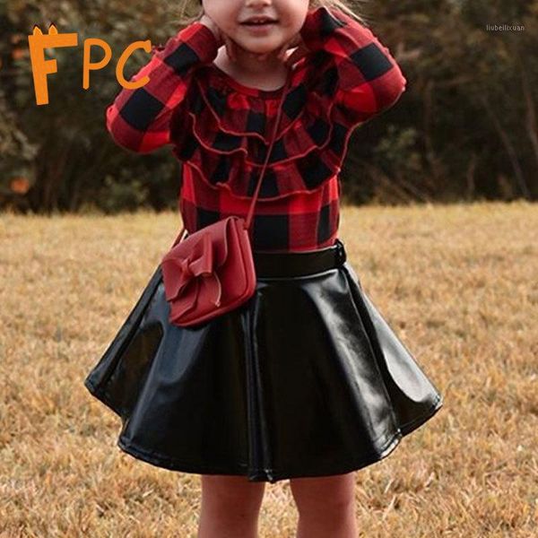 

clothing sets plaid print cascading ruffle and pu skirt vintage for children fit flare mini two-piece suit 1-5t girls1, White