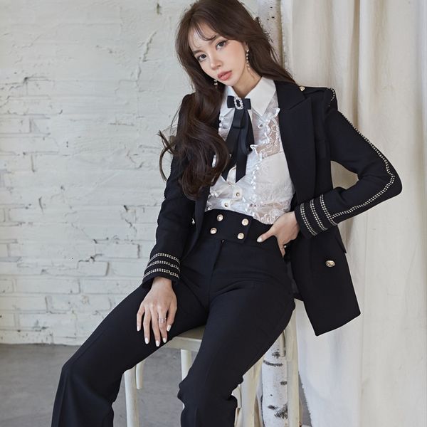 

2021 new autumn winter women's pant suits sleeved stripes long wool coat jacket + wide leg trousers two piece pants suit tgii, Gray