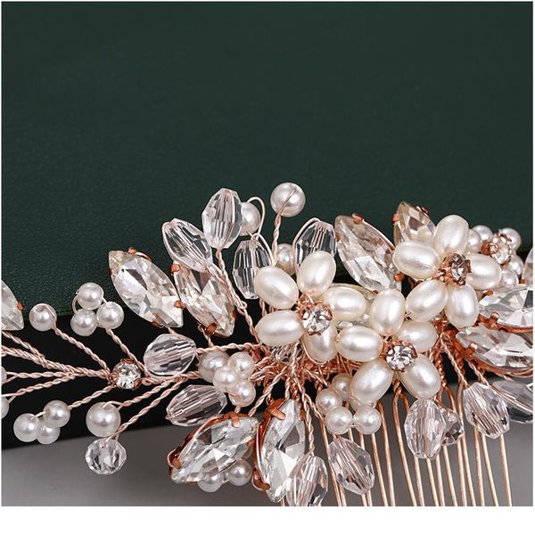 

fashion rose gold wedding hair comb flower tiara handmade pearl rhinestone headdress prom bridal hair jewelr acc qylqvq