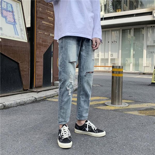 

ripped jeans men's slim fashion retro casual hole jeans men streetwear korean hip-hop straight denim trousers mens 28-36, Blue