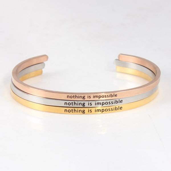 

bangle bracelet -nothing is impossible- inspirational engraved adjustable mantra band cuff - perfect little gift, Black