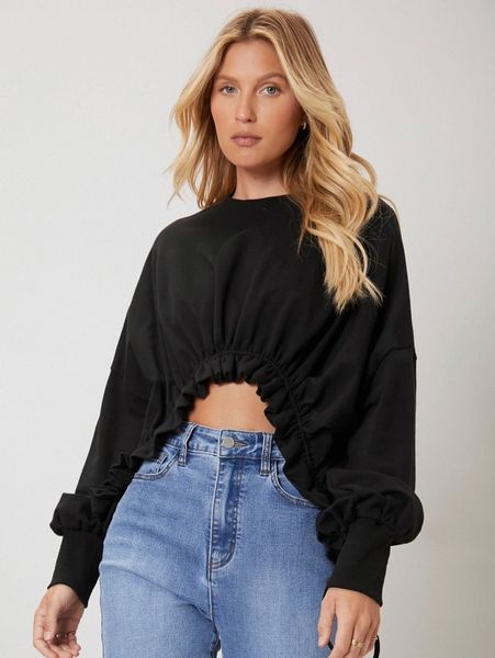 

motf premium cotton bishop sleeve gathered pullover n2xf#, White;black