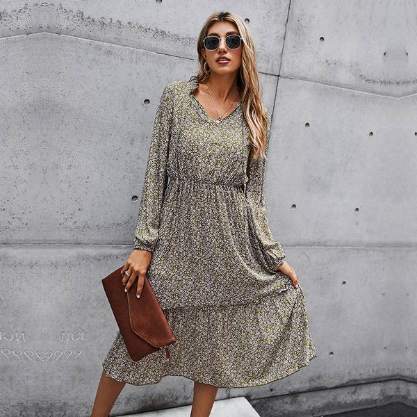 

2021 autumn winter print casual high waist full sleeve slim elegant long for women new fashion ny2h, Black;gray