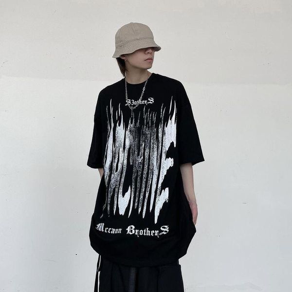 

men's t-shirts gothic printed t-shirt oversized 2021 spring summer korean fashion high street style loose casual clothes couple trend, White;black