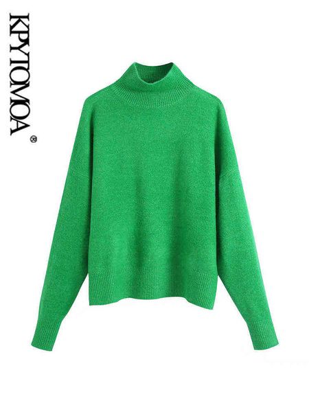 

kpytomoa women fashion soft touch loose knitted sweater vintage high neck long sleeve female pullovers chic 211109, White;black