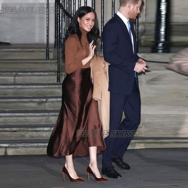 

elegant customized chocolate satin female formal evening skirt a-line office lady zipper back ankle-length women's skirts 210309, Black