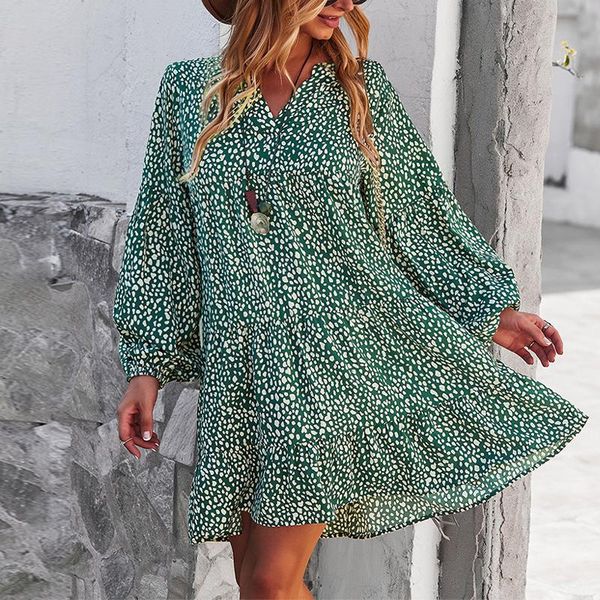 

casual dresses women autumn dress v neck flower print loose long sleeve a line female boho holiday party vestidos 2021 spring, Black;gray