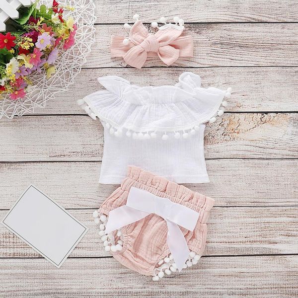 

clothing sets #vw sleeveless tassels +shorts+headband set cotton solid color bow shorts outfit born baby girls sweet ropa, White
