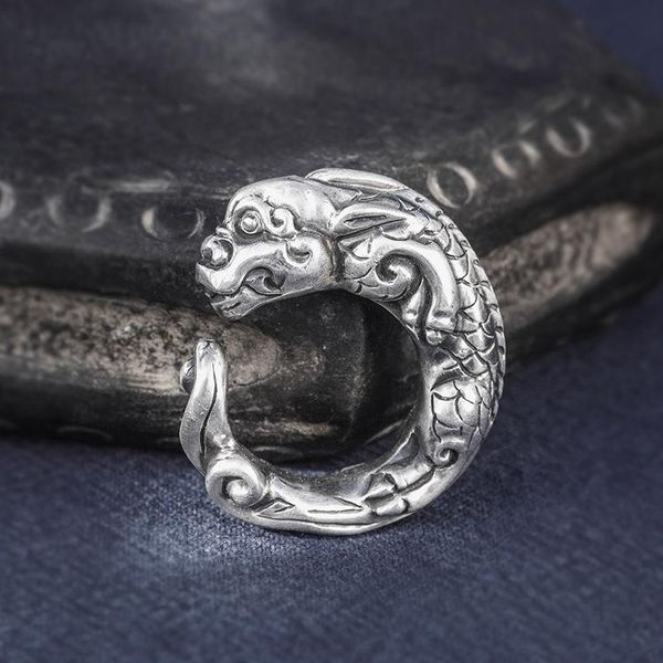 

cluster rings solid 999 sterling silver thai retro biker mens men handmade dragon ring jewelry gift a4768, Golden;silver