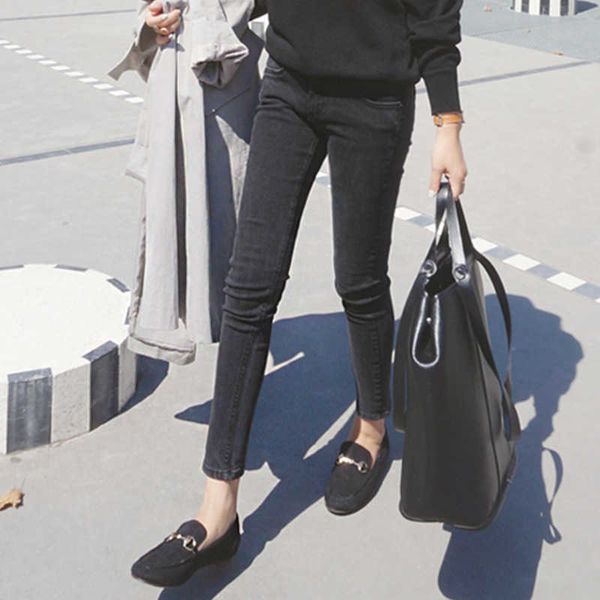 

women's jeans smoke gray bla capris waist tight high elastic 9-point pencil pants, Blue