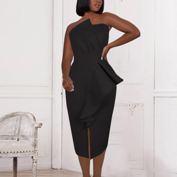 

casual dresses women party tube dress bodycon strapless ruffles slit slim pink midi evening night out elegant fashion female robes, Black;gray