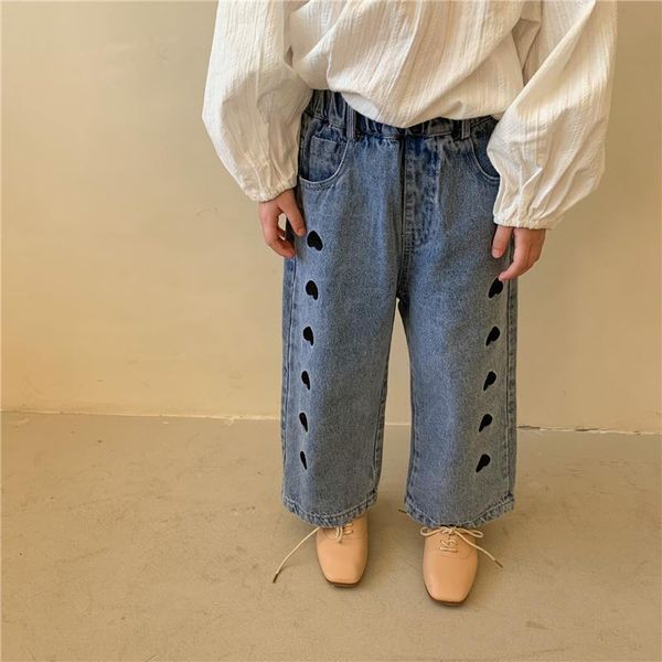 

spring 2021 cute heart embroidery wide leg denim pants 1-6 years kids girls loose casual flared jeans, Blue