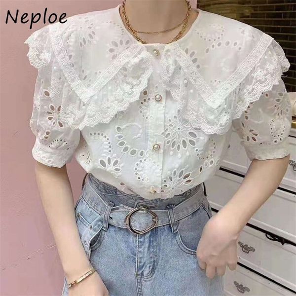 

neploe lace embroidery blouse women french hollow out peter pan collar blusa shirts summer elegant short sleeve female 210315, White