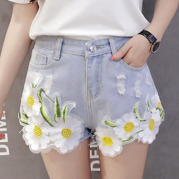 

women's jeans y2k vintage embroidered shorts streetwear hipster frayed denim female kawaii edge daisy flower wide-leg women, Blue