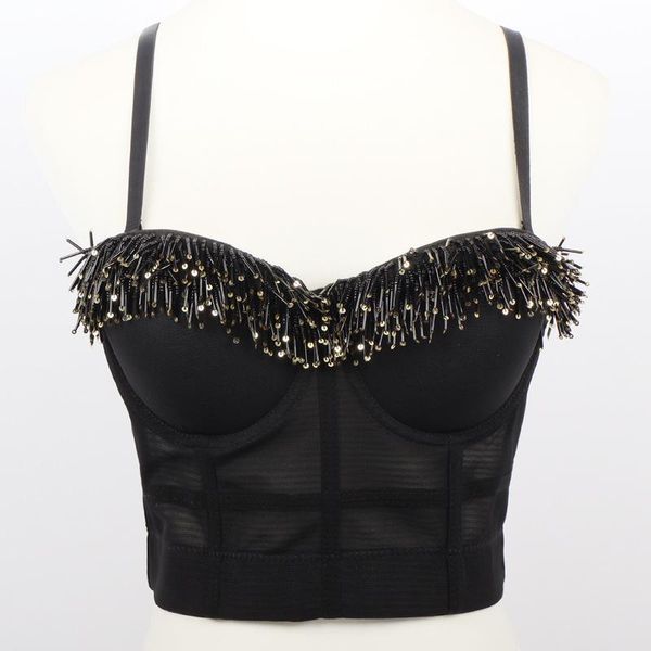 

european autumn new black beaded tassel camisole bra and mesh short tube women fashion streetwear 2021, White