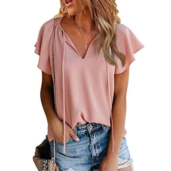 

women's blouses & shirts solid blouse ruffle short sleeve v neck women casual pullover loose blousa, White