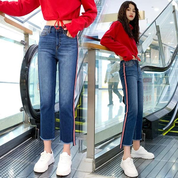 

women's jeans woman pants high waist straight 2021 side tape plus size white pantalones vaqueros mujer, Blue