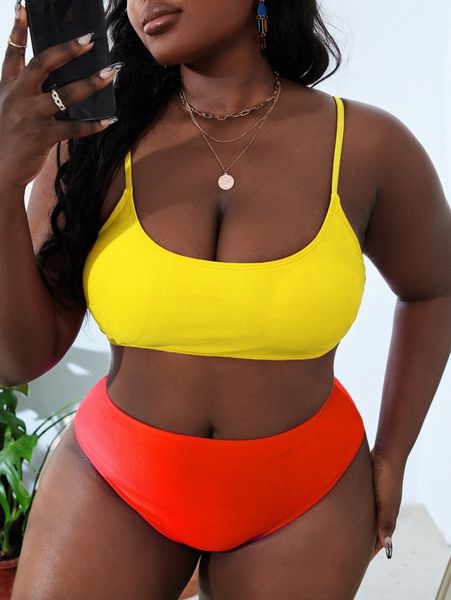 

plus color block high waisted bikini swimsuit n5ns#, Black