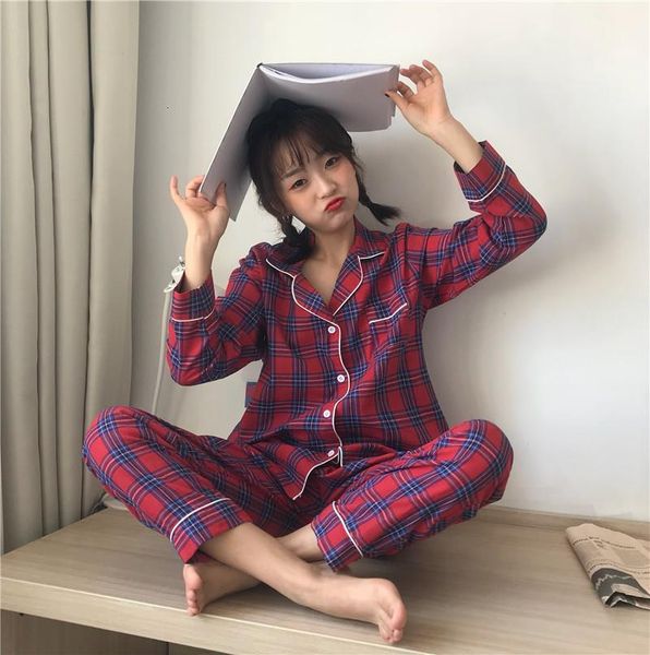 

2019 korean women pajamas sets with pants cotton pijama plaid spring summer sleepwear pyjama cute night wear nightsuits, Black;red