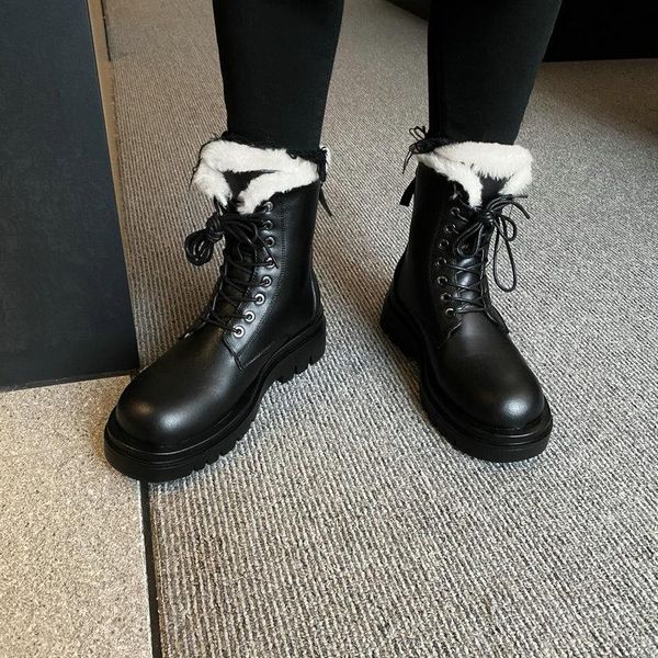 

boots sklfgxzy for women ladies leather ankle shoes winter fur lining female motorcycle, Black