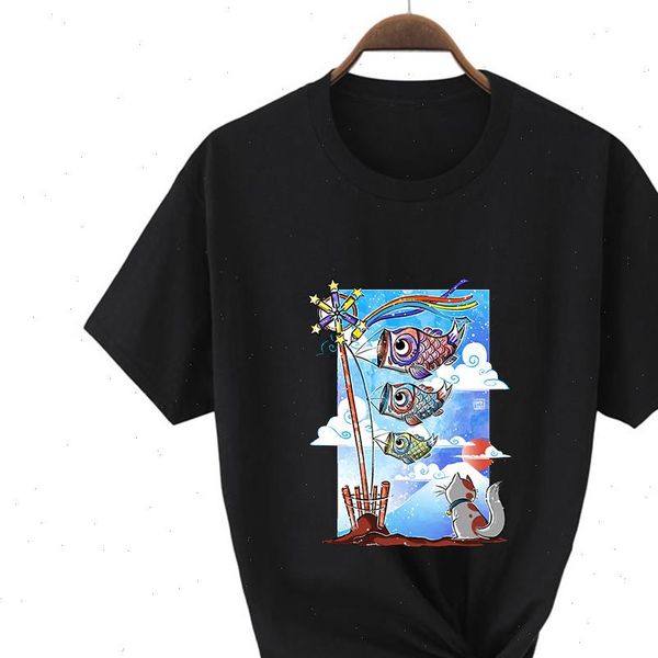 

2021 print loose harajuku t shirt with retro new tshirt women cat watching carp summer graphic tshirt, White