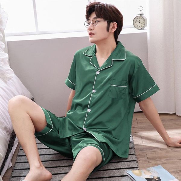 

men summer sleepwear male pyjama shirt pants set night loungewear mens short sleeve sleep suit set man satin pajamas wear, Black;brown