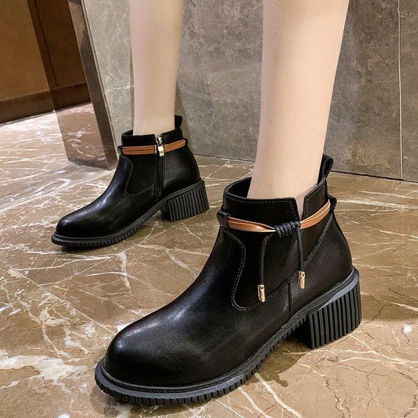 

boots fashion round toe ankle women pumps square heel knight solid color mid shoes zapatillas mujer 2021 winter, Black