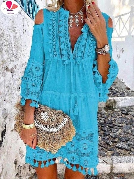 

casual dresses tassel boho long dress women lace fall solid hollow out v-neck bohemian style plus size vestidos, Black;gray