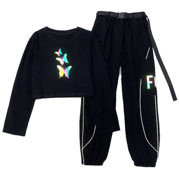 

reflective casual cargo pants with belt two-piece loose women harlan sportswear 's autumn high waist 210531, White