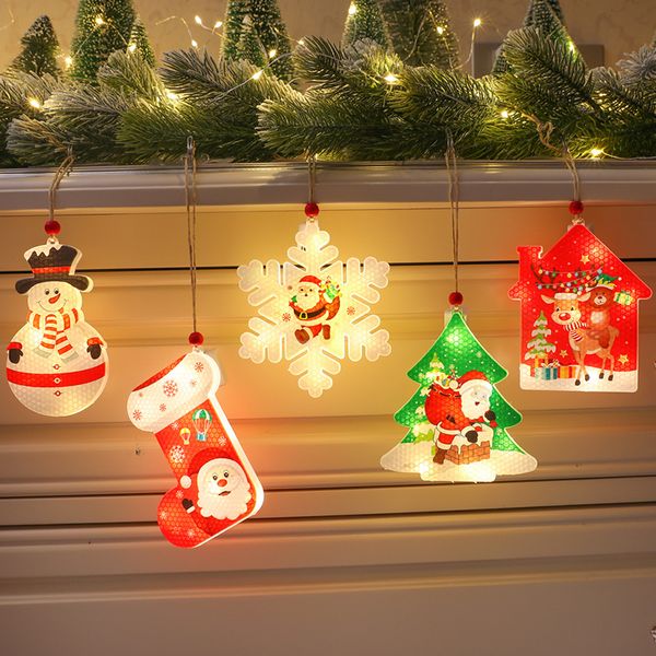 Luci a stringa a LED Decorazione natalizia Fiocco di neve Babbo Natale Stella Calzino Albero Lampada a sospensione per decorazioni per hotel in camera di Capodanno