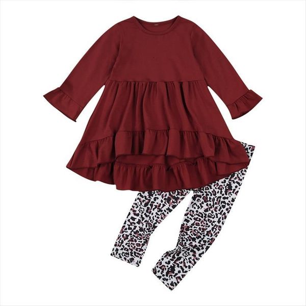 

children 2pcs outfit set girl flared sleeve pleated dress leopard stretch pants for, White