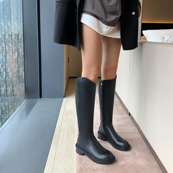 

boots 2021 winter women knee high real leather warm quality bootsthick heels motorcycle woman, Black
